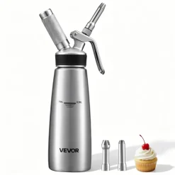 VEVOR Professional 304 Stainless Steel Whipped Cream Dispenser 500ml, Leak-Free Whipped Cream Maker, Whip Cream Canister with 3 Decorating Nozzles & Cleaning Brush, N₂O Chargers (Not Included)