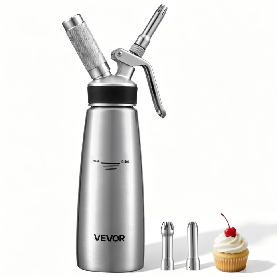 VEVOR Professional 304 Stainless Steel Whipped Cream Dispenser 500ml, Leak-Free Whipped Cream Maker, Whip Cream Canister with 3 Decorating Nozzles & Cleaning Brush, N₂O Chargers (Not Included)