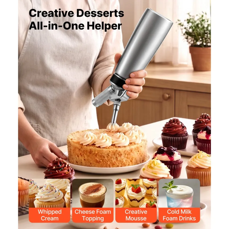 VEVOR Professional 304 Stainless Steel Whipped Cream Dispenser 500ml, Leak-Free Whipped Cream Maker, Whip Cream Canister with 3 Decorating Nozzles & Cleaning Brush, N₂O Chargers (Not Included)