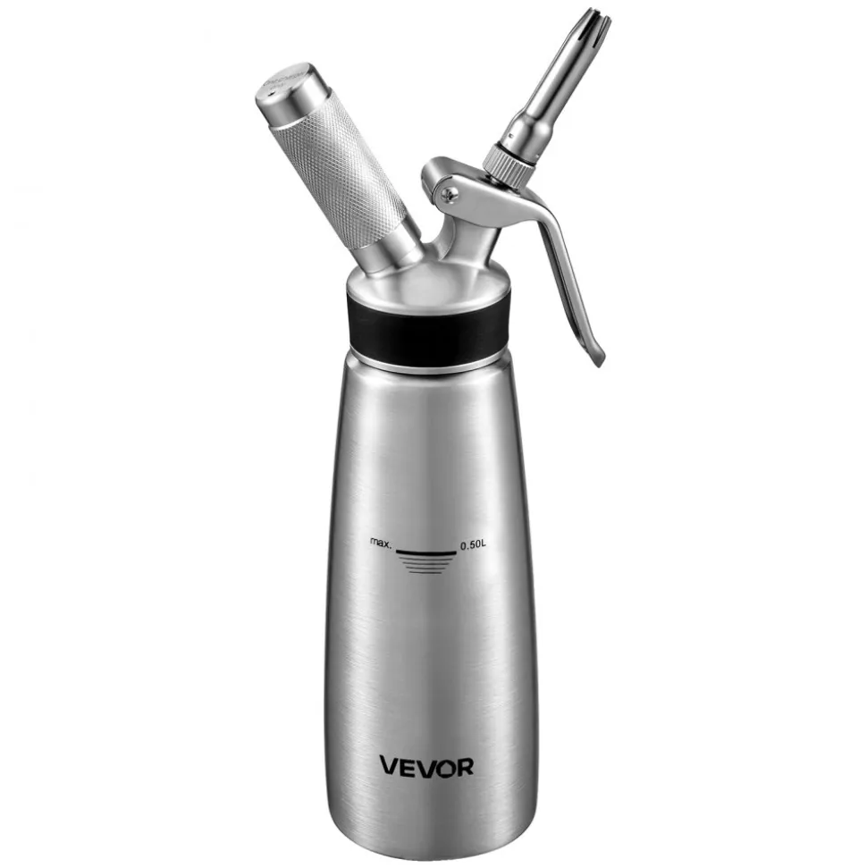 VEVOR Professional 304 Stainless Steel Whipped Cream Dispenser 500ml, Leak-Free Whipped Cream Maker, Whip Cream Canister with 3 Decorating Nozzles & Cleaning Brush, N₂O Chargers (Not Included)