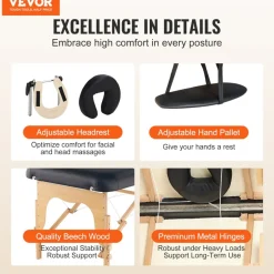 VEVOR Professional Wide Massage Table 30" W, Heavy Duty Folding Massage Table,  8-Level Height Adjustable Facial Salon Tattoo Bed, Portable Spa Table with Headrest, Hand Pallet & Carrying Bag, 750LBS