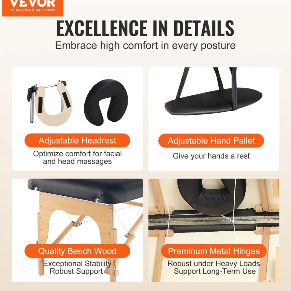 VEVOR Professional Wide Massage Table 30" W, Heavy Duty Folding Massage Table, 8-Level Height Adjustable Facial Salon Tattoo Bed, Portable Spa Table with Headrest, Hand Pallet & Carrying Bag, 750LBS