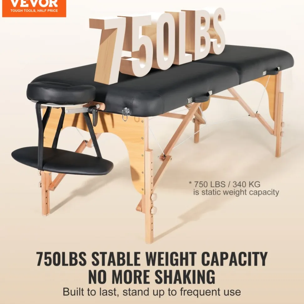 VEVOR Professional Wide Massage Table 30" W, Heavy Duty Folding Massage Table, 8-Level Height Adjustable Facial Salon Tattoo Bed, Portable Spa Table with Headrest, Hand Pallet & Carrying Bag, 750LBS
