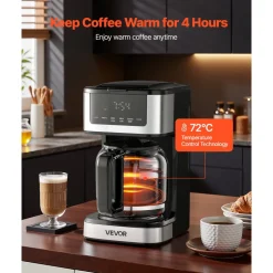VEVOR Programmable Coffee Maker, 12 Cup Programmable Drip Coffee Makers with Touch Screen, 4-Hour Keep Warm Coffee Makers Drips, 2 Brew Strengths Drip Coffee Machine for Home, 24-Hour Programmable