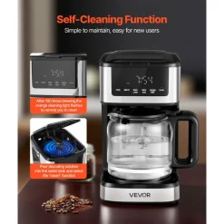 VEVOR Programmable Coffee Maker, 12 Cup Programmable Drip Coffee Makers with Touch Screen, 4-Hour Keep Warm Coffee Makers Drips, 2 Brew Strengths Drip Coffee Machine for Home, 24-Hour Programmable