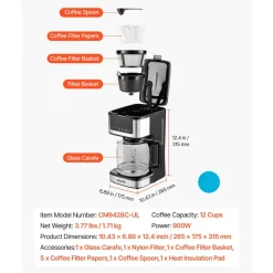 VEVOR Programmable Coffee Maker, 12 Cup Programmable Drip Coffee Makers with Touch Screen, 4-Hour Keep Warm Coffee Makers Drips, 2 Brew Strengths Drip Coffee Machine for Home, 24-Hour Programmable