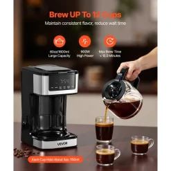 VEVOR Programmable Coffee Maker, 12 Cup Programmable Drip Coffee Makers with Touch Screen, 4-Hour Keep Warm Coffee Makers Drips, 2 Brew Strengths Drip Coffee Machine for Home, 24-Hour Programmable