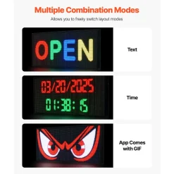 VEVOR Programmable LED Sign, P10 Full Color Flexible Digital Scrolling Panel, DIY Custom Text Pattern GIF Display Board, Bluetooth APP Control Message Shop Sign for Store Business Advertising, 40x8 in