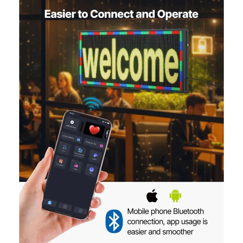 VEVOR Programmable LED Sign, P10 Full Color Flexible Digital Scrolling Panel, DIY Custom Text Pattern GIF Display Board, Bluetooth APP Control Message Shop Sign for Store Business Advertising, 40x8 in