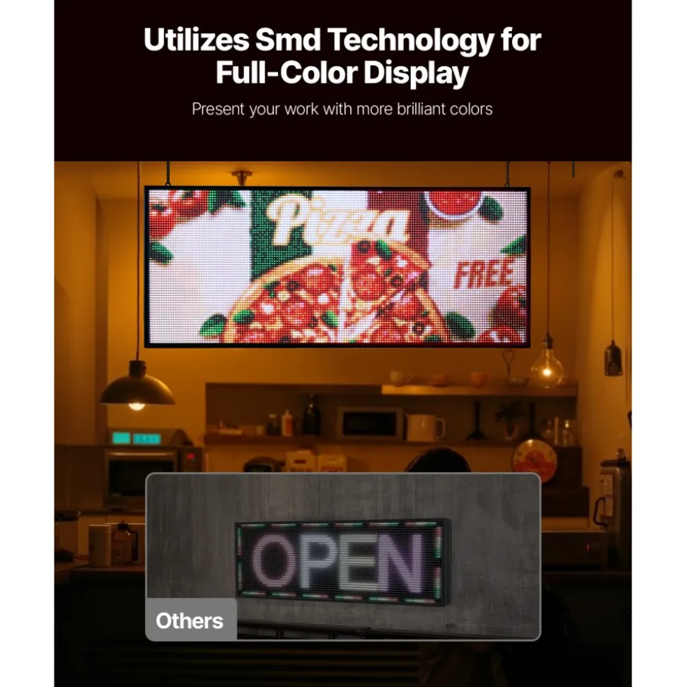 VEVOR Programmable LED Sign, P10 Full Color Flexible Digital Scrolling Panel, DIY Custom Text Pattern GIF Display Board, Bluetooth APP Control Message Shop Sign for Store Business Advertising, 40x8 in