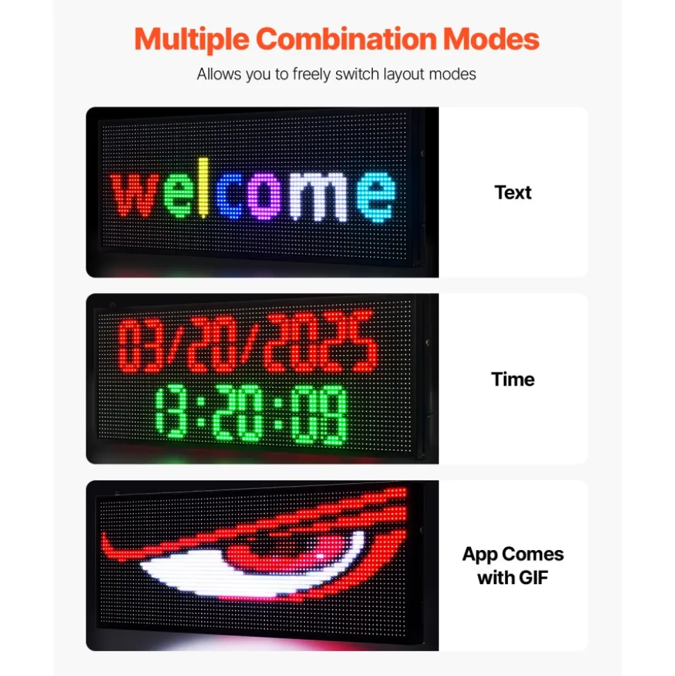 VEVOR Programmable LED Sign, P10 Full Color Flexible Digital Scrolling Panel, DIY Custom Text Pattern GIF Display Board, Bluetooth APP Control Message Shop Sign for Store Business Advertising, 40x14 in