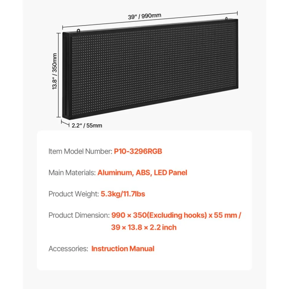 VEVOR Programmable LED Sign, P10 Full Color Flexible Digital Scrolling Panel, DIY Custom Text Pattern GIF Display Board, Bluetooth APP Control Message Shop Sign for Store Business Advertising, 40x14 in
