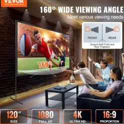 VEVOR Projector Screen with Stand, 120 inch 16:9 4K 1080 HD Outdoor Movie Screen with Stand, Wrinkle-Free Projection Screen with Bar Feet and Carry Bag, for Home Theater Cinema Backyard Movie Night