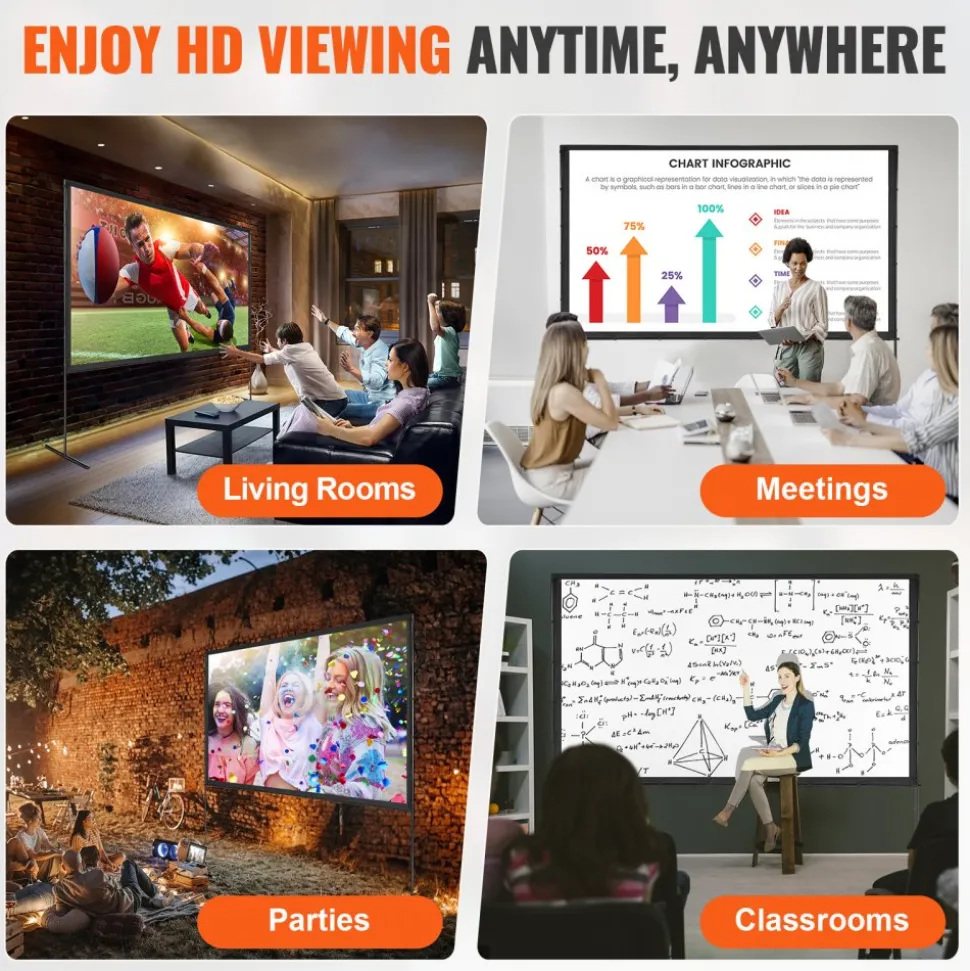 VEVOR Projector Screen with Stand, 120 inch 16:9 4K 1080 HD Outdoor Movie Screen with Stand, Wrinkle-Free Projection Screen with Bar Feet and Carry Bag, for Home Theater Cinema Backyard Movie Night