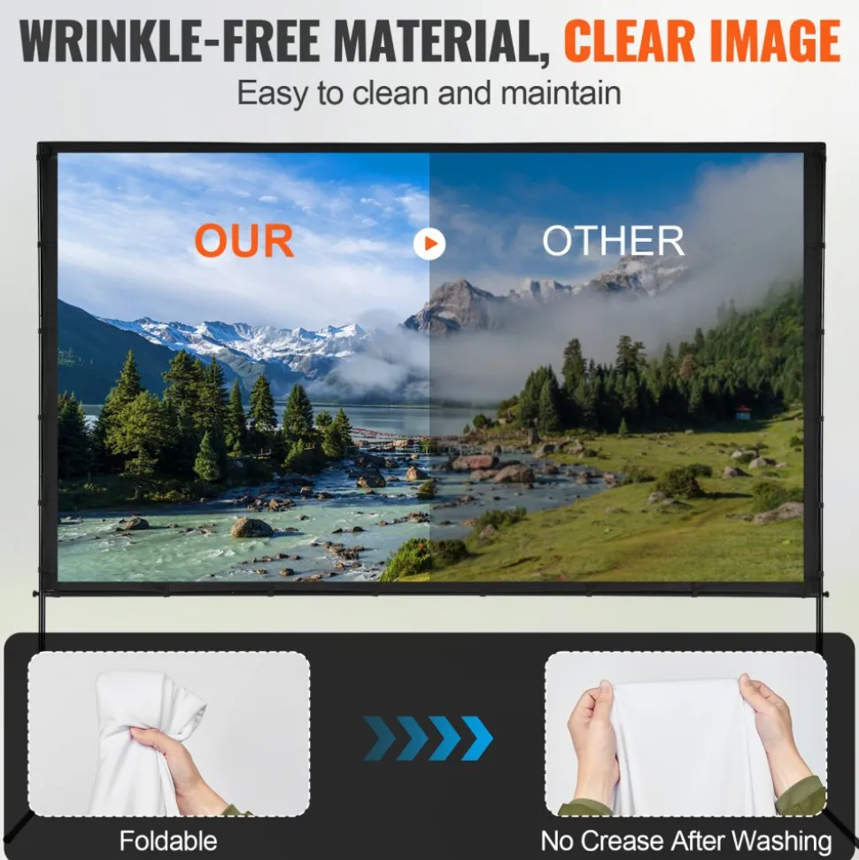 VEVOR Projector Screen with Stand, 120 inch 16:9 4K 1080 HD Outdoor Movie Screen with Stand, Wrinkle-Free Projection Screen with Bar Feet and Carry Bag, for Home Theater Cinema Backyard Movie Night