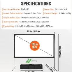 VEVOR Projector Screen with Stand, 120 inch 16:9 4K 1080 HD Outdoor Movie Screen with Stand, Wrinkle-Free Projection Screen with Bar Feet and Carry Bag, for Home Theater Cinema Backyard Movie Night