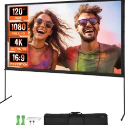 VEVOR Projector Screen with Stand, 120 inch 16:9 4K 1080 HD Outdoor Movie Screen with Stand, Wrinkle-Free Projection Screen with Bar Feet and Carry Bag, for Home Theater Cinema Backyard Movie Night