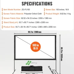 VEVOR Projector Screen with Stand, 100 inch 16:9 4K 1080 HD Outdoor Movie Screen with Stand, Wrinkle-Free Projection Screen with Bar Feet and Carry Bag, for Home Theater Cinema Backyard Movie Night