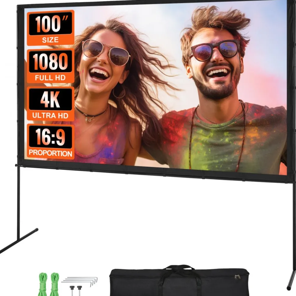 VEVOR Projector Screen with Stand, 100 inch 16:9 4K 1080 HD Outdoor Movie Screen with Stand, Wrinkle-Free Projection Screen with Bar Feet and Carry Bag, for Home Theater Cinema Backyard Movie Night
