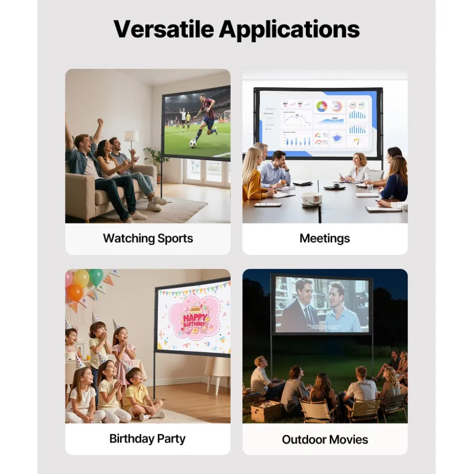 VEVOR Projector Screen with Stand, 80 Inch 160° Wide Angle Indoor Outdoor Projection Screen, 16:9 4K HD Wrinkleless Portable Dual-Stand Screens with Carry Bag, for Movie Home Theater Presentation