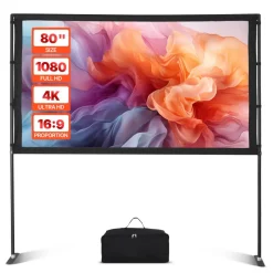 VEVOR Projector Screen with Stand, 80 Inch 160° Wide Angle Indoor Outdoor Projection Screen, 16:9 4K HD Wrinkleless Portable Dual-Stand Screens with Carry Bag, for Movie Home Theater Presentation