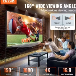 VEVOR Projector Screen with Stand, 150 inch 16:9 4K 1080 HD Outdoor Movie Screen with Stand, Wrinkle-Free Projection Screen with Tripods and Carry Bag, for Home Theater Cinema Backyard Movie Night