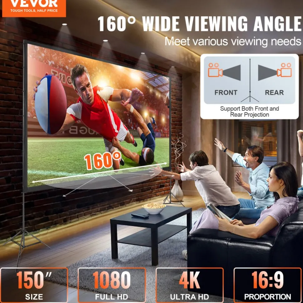 VEVOR Projector Screen with Stand, 150 inch 16:9 4K 1080 HD Outdoor Movie Screen with Stand, Wrinkle-Free Projection Screen with Tripods and Carry Bag, for Home Theater Cinema Backyard Movie Night