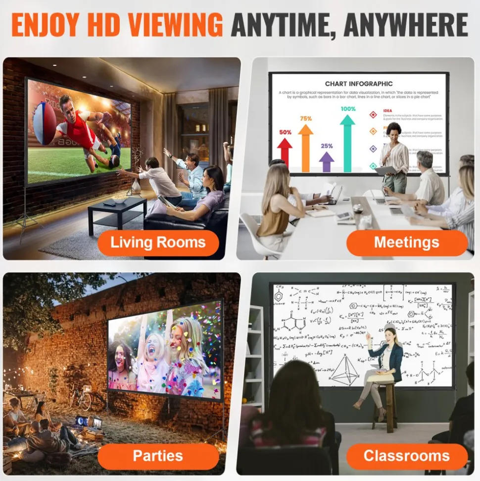 VEVOR Projector Screen with Stand, 150 inch 16:9 4K 1080 HD Outdoor Movie Screen with Stand, Wrinkle-Free Projection Screen with Tripods and Carry Bag, for Home Theater Cinema Backyard Movie Night