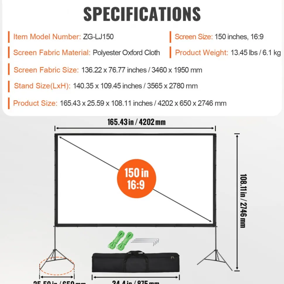 VEVOR Projector Screen with Stand, 150 inch 16:9 4K 1080 HD Outdoor Movie Screen with Stand, Wrinkle-Free Projection Screen with Tripods and Carry Bag, for Home Theater Cinema Backyard Movie Night