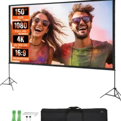 VEVOR Projector Screen with Stand, 150 inch 16:9 4K 1080 HD Outdoor Movie Screen with Stand, Wrinkle-Free Projection Screen with Tripods and Carry Bag, for Home Theater Cinema Backyard Movie Night