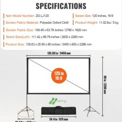 VEVOR Projector Screen with Stand, 120 inch 16:9 4K 1080 HD Outdoor Movie Screen with Stand, Wrinkle-Free Projection Screen with Tripods and Carry Bag, for Home Theater Cinema Backyard Movie Night
