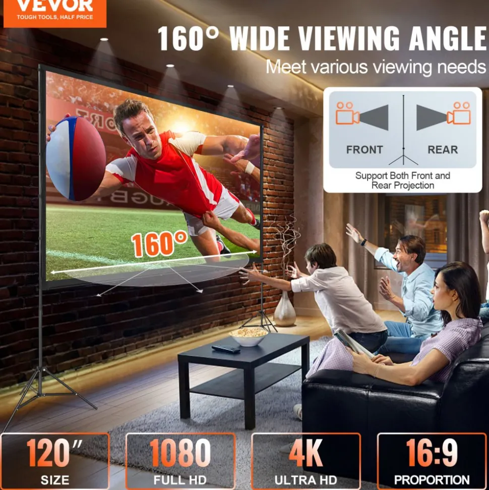 VEVOR Projector Screen with Stand, 120 inch 16:9 4K 1080 HD Outdoor Movie Screen with Stand, Wrinkle-Free Projection Screen with Tripods and Carry Bag, for Home Theater Cinema Backyard Movie Night