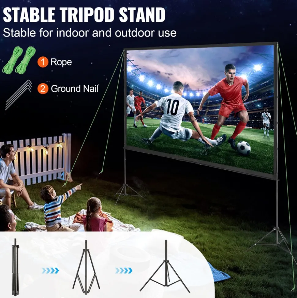 VEVOR Projector Screen with Stand, 120 inch 16:9 4K 1080 HD Outdoor Movie Screen with Stand, Wrinkle-Free Projection Screen with Tripods and Carry Bag, for Home Theater Cinema Backyard Movie Night