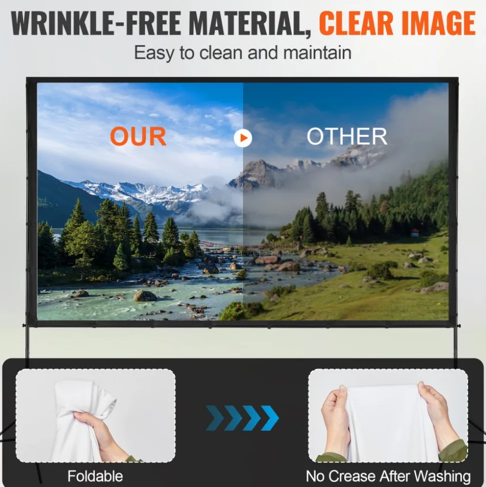VEVOR Projector Screen with Stand, 120 inch 16:9 4K 1080 HD Outdoor Movie Screen with Stand, Wrinkle-Free Projection Screen with Tripods and Carry Bag, for Home Theater Cinema Backyard Movie Night