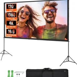 VEVOR Projector Screen with Stand, 120 inch 16:9 4K 1080 HD Outdoor Movie Screen with Stand, Wrinkle-Free Projection Screen with Tripods and Carry Bag, for Home Theater Cinema Backyard Movie Night