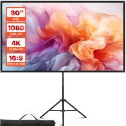 VEVOR Projector Screen with Stand, 80 Inch 160° Wide Angle Indoor Outdoor Projection Screen, 16:9 4K HD Wrinkleless Portable Tripod Screens with Carry Bag, for Movie Home Theater Office Presentation