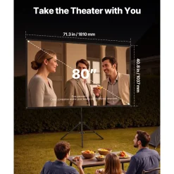 VEVOR Projector Screen with Stand, 80 Inch 160° Wide Angle Indoor Outdoor Projection Screen, 16:9 4K HD Wrinkleless Portable Tripod Screens with Carry Bag, for Movie Home Theater Office Presentation