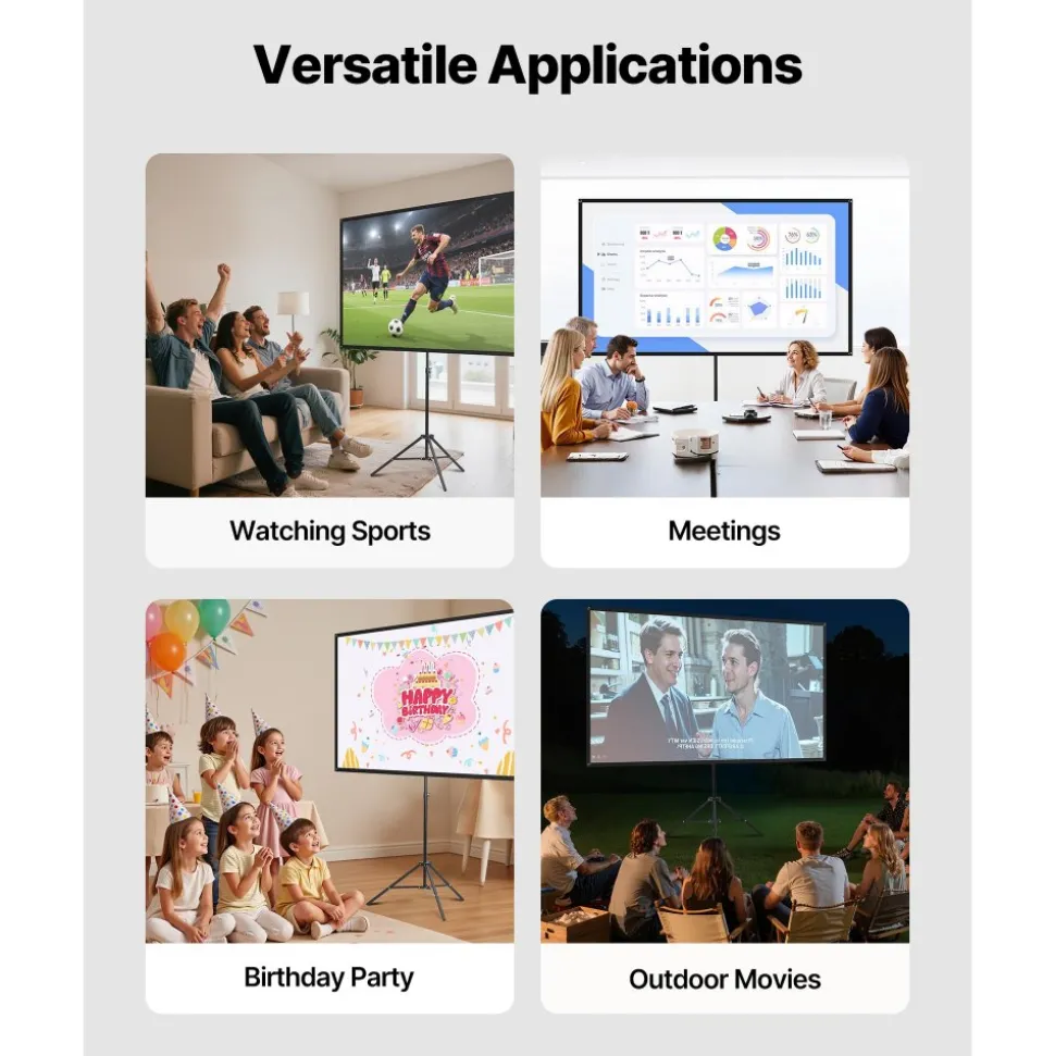 VEVOR Projector Screen with Stand, 100 Inch 160° Wide Angle Indoor Outdoor Projection Screen, 16:9 4K HD Wrinkleless Portable Dual-Tripod Screens with Carry Bag, for Movie Home Theater Presentation