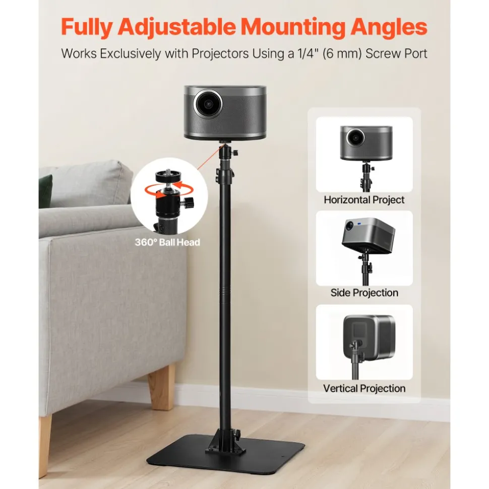 VEVOR Projector Stand, Projector Floor Stand with Adjustable Height 30.3 to 63.4 inch, 360° Horizontal Rotation Projectors Cart for Meetings, Outdoor Movies, Video Stand, Gimbal Mount or Tray Support