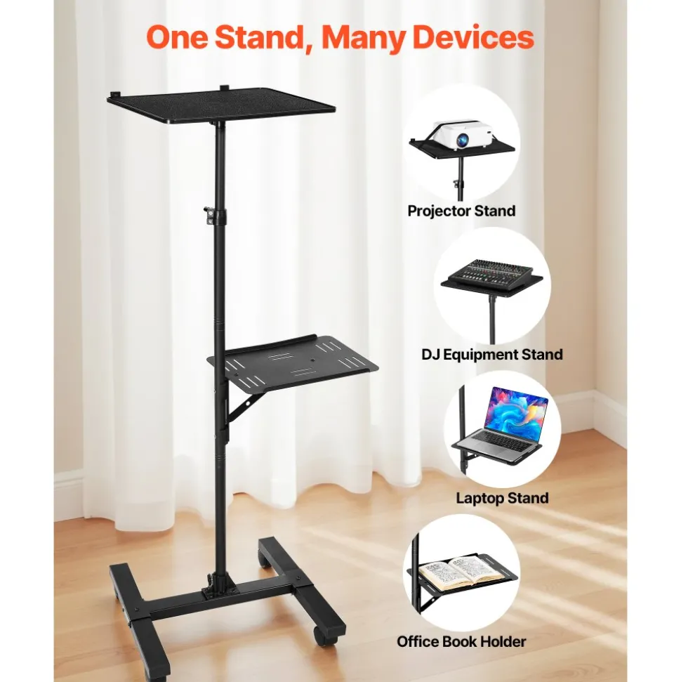 VEVOR Projector Stand, 2 Shelves Laptop Floor Stand, Projector Stands Table with Adjustable Height 33.86 to 53.54 inch, I-Beam Frame Projectors Stands Tripod for Meetings, Outdoor Movies, Video Stand