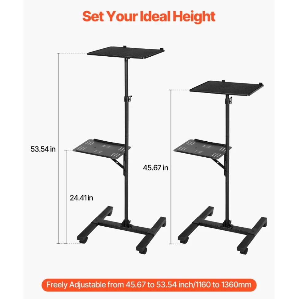 VEVOR Projector Stand, 2 Shelves Laptop Floor Stand, Projector Stands Table with Adjustable Height 33.86 to 53.54 inch, I-Beam Frame Projectors Stands Tripod for Meetings, Outdoor Movies, Video Stand