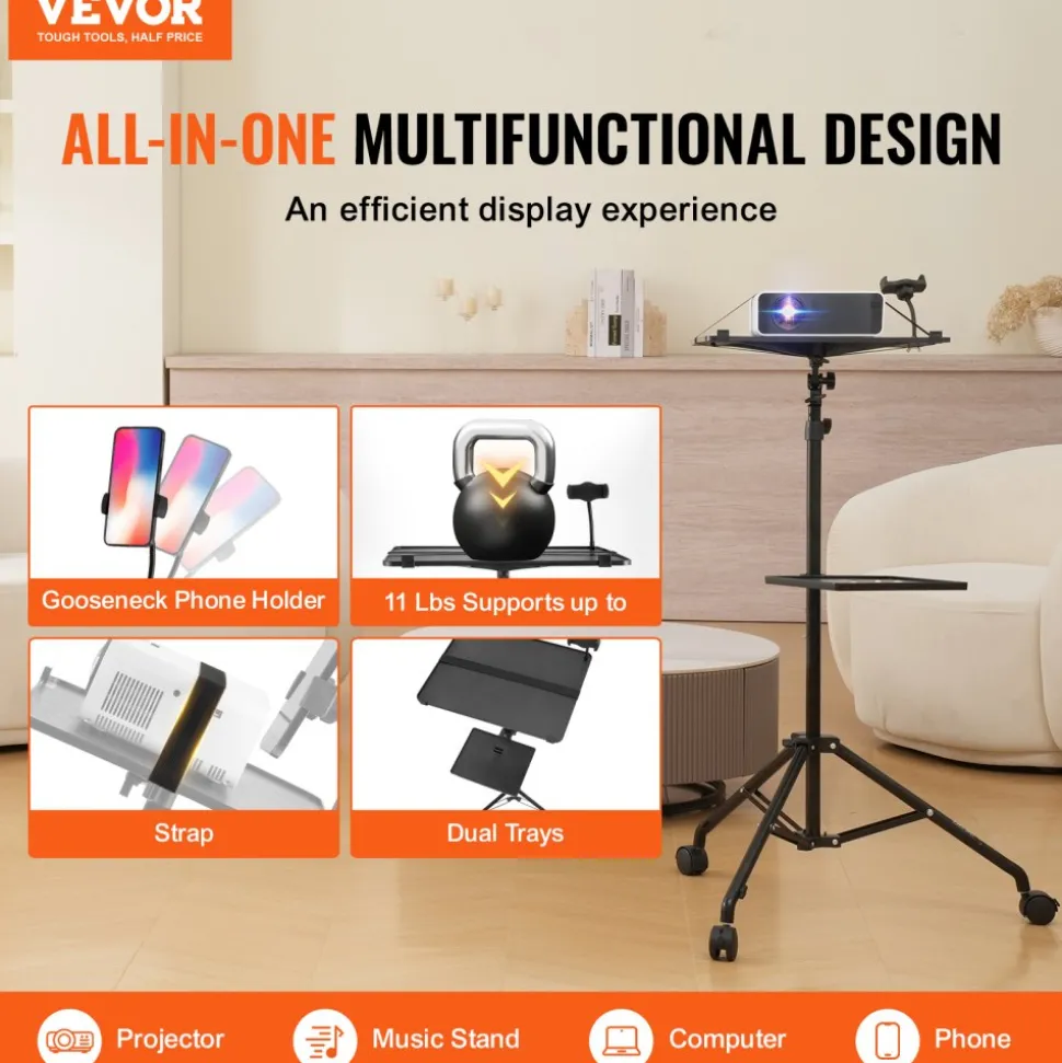 VEVOR Projector Stand with Wheels, Laptop Stand Tripod Adjustable Height from 31.3 to 67.3", Projector Tripod Stand with 2 Trays & Gooseneck Phone Holder, for Outdoor Movies, Home, Office or Studio