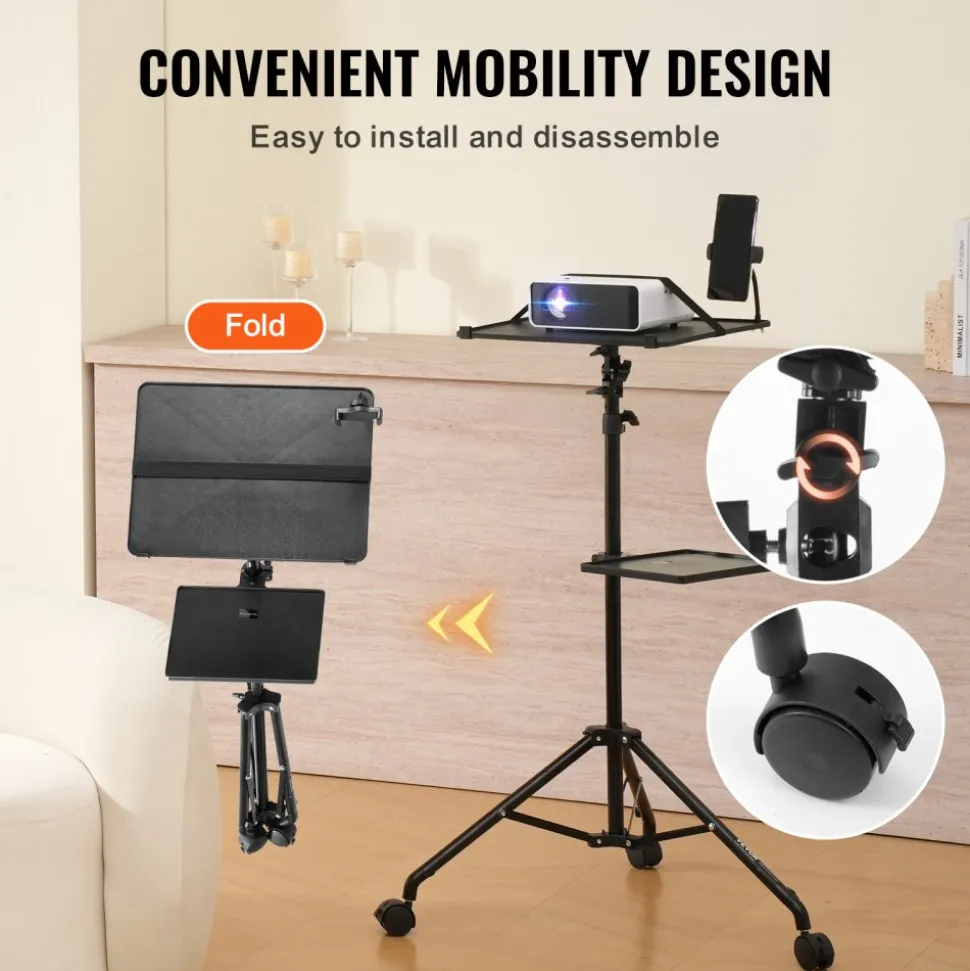 VEVOR Projector Stand with Wheels, Laptop Stand Tripod Adjustable Height from 31.3 to 67.3", Projector Tripod Stand with 2 Trays & Gooseneck Phone Holder, for Outdoor Movies, Home, Office or Studio