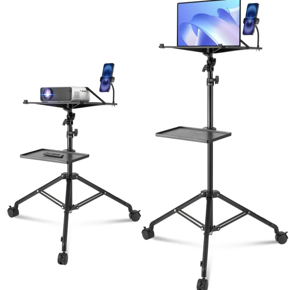 VEVOR Projector Stand with Wheels, Laptop Stand Tripod Adjustable Height from 31.3 to 67.3", Projector Tripod Stand with 2 Trays & Gooseneck Phone Holder, for Outdoor Movies, Home, Office or Studio