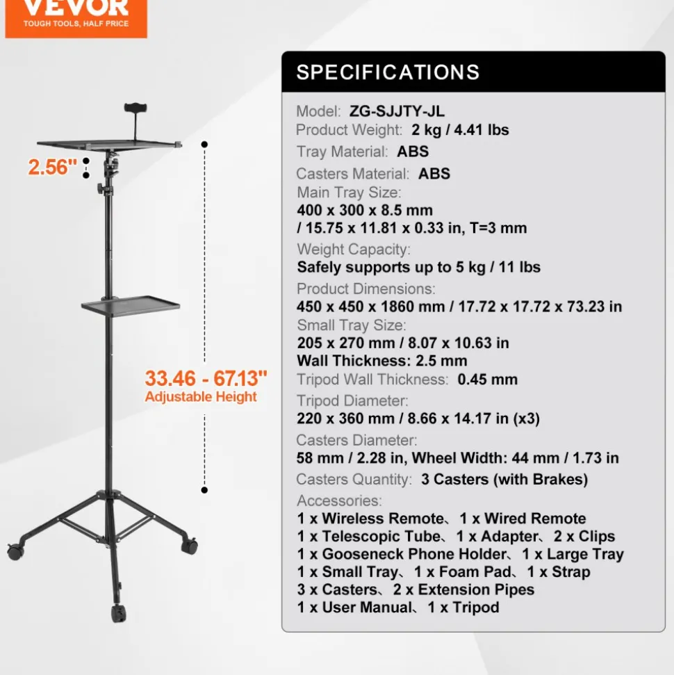 VEVOR Projector Stand with Wheels, Laptop Stand Tripod Adjustable Height from 31.3 to 67.3", Projector Tripod Stand with 2 Trays & Gooseneck Phone Holder, for Outdoor Movies, Home, Office or Studio