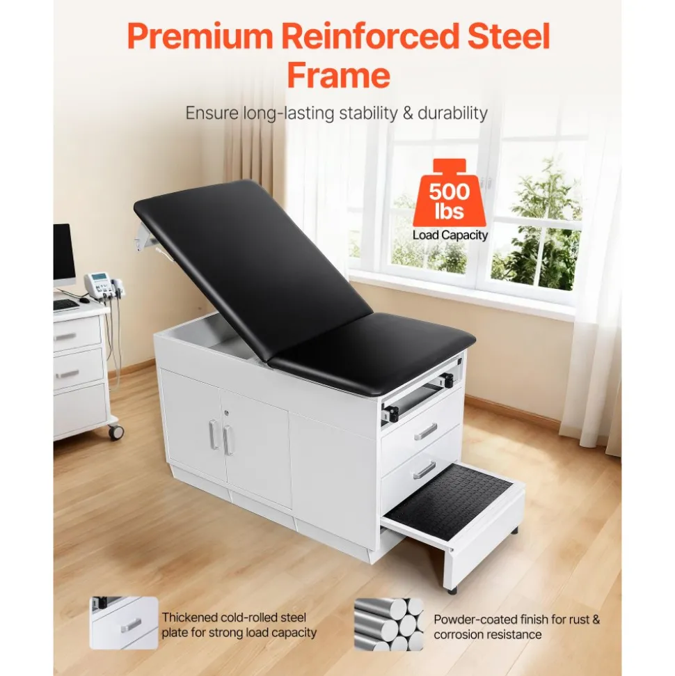 VEVOR Pro Medical Exam Table, Medical Examination Bed with Adjustable Backrest, Physical Therapy Exam Table with Locking Cabinet, 2 Drawers, Paper Roll Dispenser, Step Stool & Leg Rest, 500LBS Loading