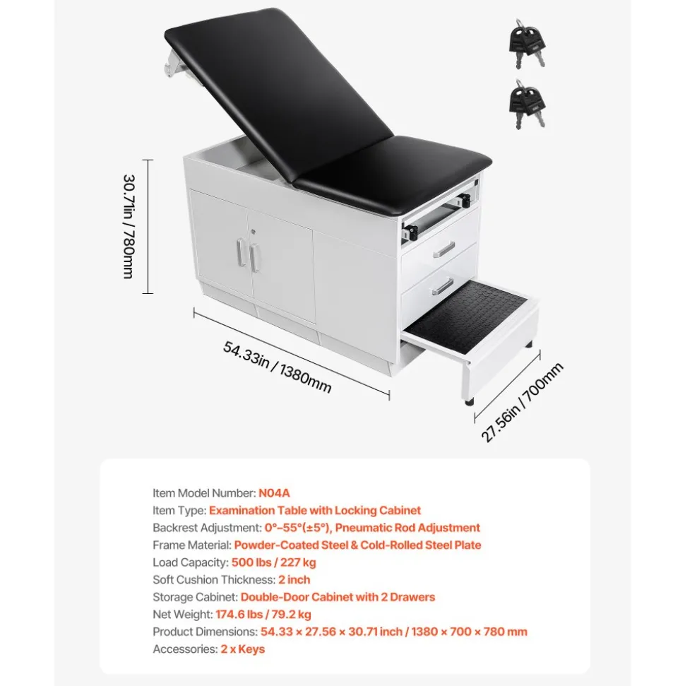 VEVOR Pro Medical Exam Table, Medical Examination Bed with Adjustable Backrest, Physical Therapy Exam Table with Locking Cabinet, 2 Drawers, Paper Roll Dispenser, Step Stool & Leg Rest, 500LBS Loading