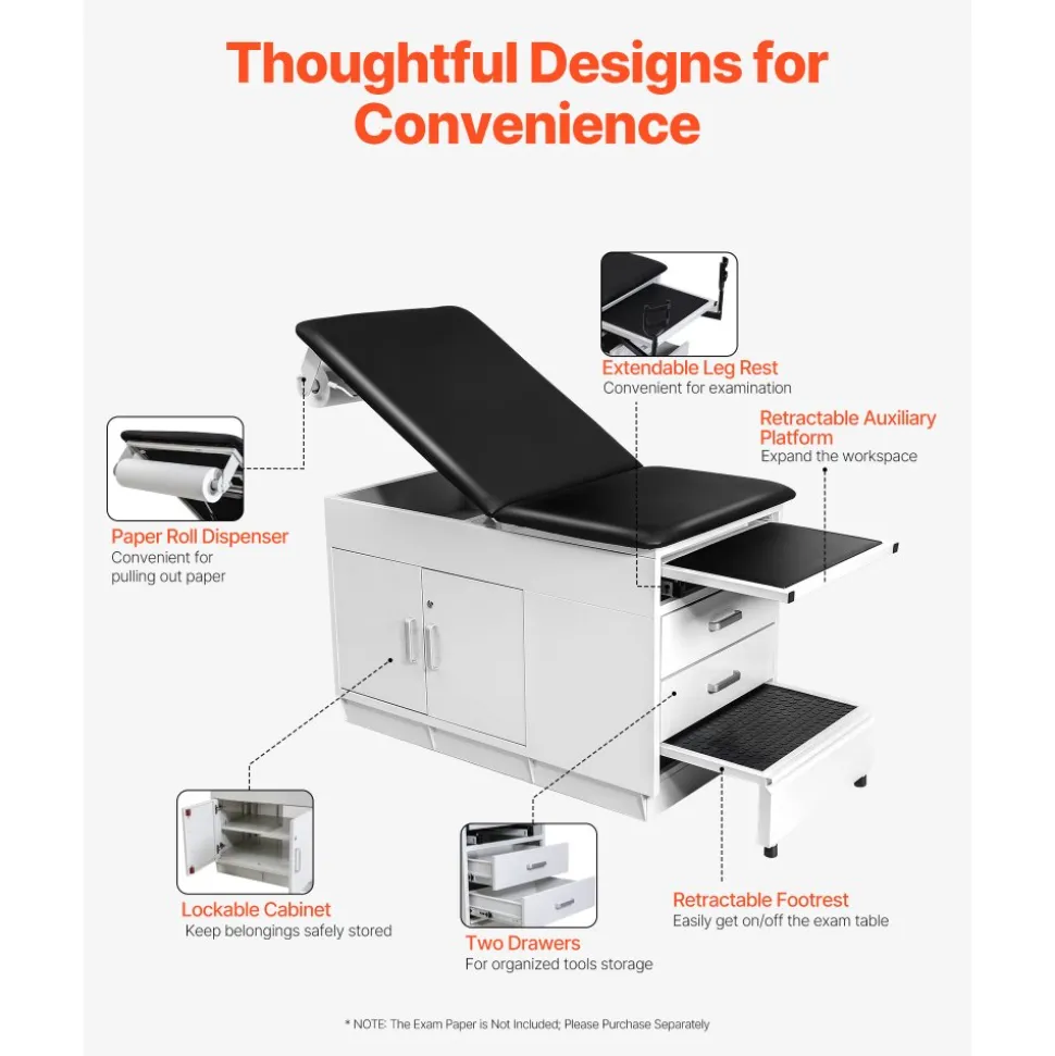 VEVOR Pro Medical Exam Table, Medical Examination Bed with Adjustable Backrest, Physical Therapy Exam Table with Locking Cabinet, 2 Drawers, Paper Roll Dispenser, Step Stool & Leg Rest, 500LBS Loading