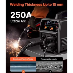 VEVOR Pro MIG Welder, 250A Pluse Mig Welding Machine, 5-in-1 Synergic Welder Machine MIG Pluse/Gas MIG/Flux Core MIG/Stick/Lift TIG, 110V/220V Dual Voltage Aluminum Mig Welder with LCD Screen Display