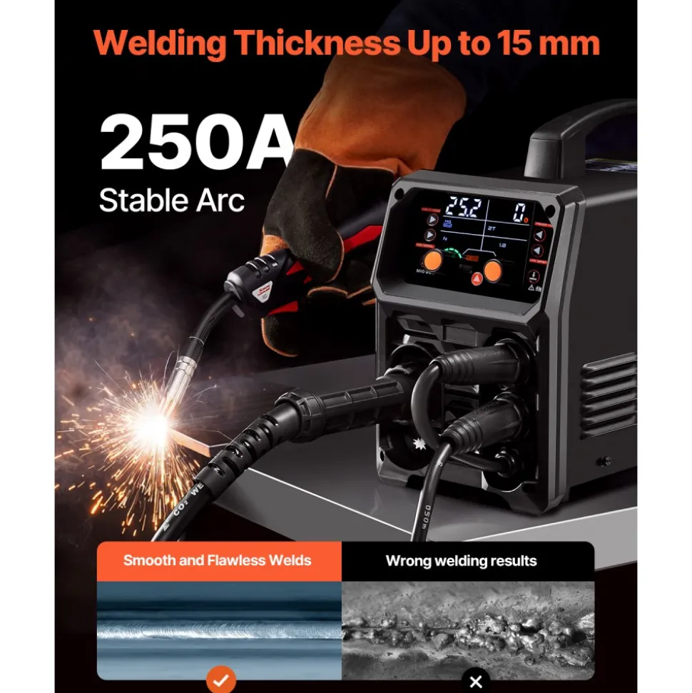 VEVOR Pro MIG Welder, 250A Pluse Mig Welding Machine, 5-in-1 Synergic Welder Machine MIG Pluse/Gas MIG/Flux Core MIG/Stick/Lift TIG, 110V/220V Dual Voltage Aluminum Mig Welder with LCD Screen Display